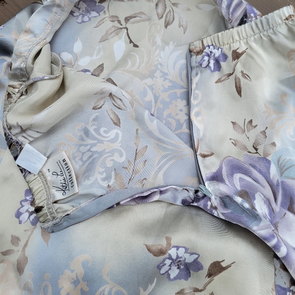 Vintage 90s y2k Kathy Lee Blue Tan Satin Purple Floral Midi Slip Skirt 12 - Picture 6 of 10